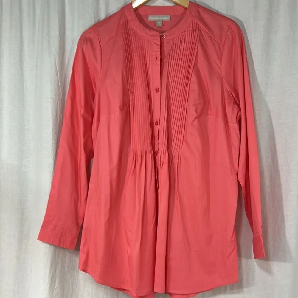 14/16 NWOT peach coral Woman Within long sleeve pleated buttoned front top